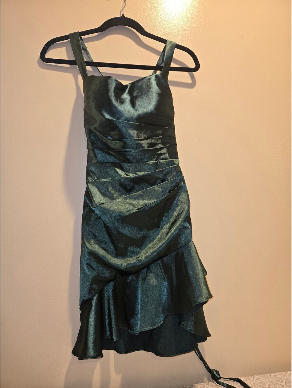 Dark Green Satin Ruffled Dress with Lace-Up Back